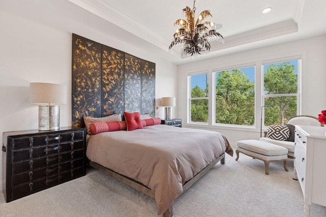 208 Byrondale Ave, Wayzata, MN 55391 - carpeted bedroom featuring a chandelier, a raised ceiling, and ornamental molding