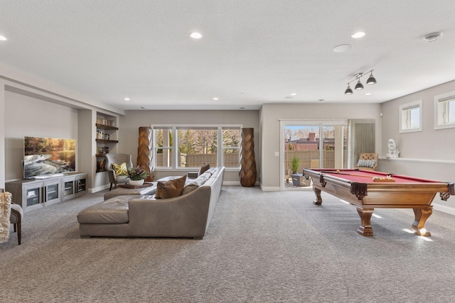 208 Byrondale Ave, Wayzata, MN 55391 - rec room featuring carpet floors, recessed lighting, pool table, a textured ceiling, and baseboards
