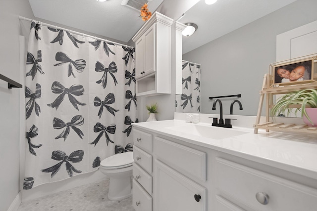 5204 Porchlight, Woodbury, MN 55129 - bathroom featuring vanity, visible vents, curtained shower, tile patterned floors, and toilet