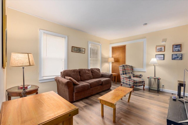 living area with baseboards and wood finished floors