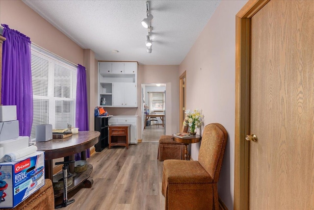 interior space featuring light wood-style flooring and a textured ceiling