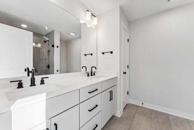 10071 Arrowwood Trl, Woodbury, MN 55129 - bathroom featuring double vanity, tiled shower, recessed lighting, and tile patterned flooring