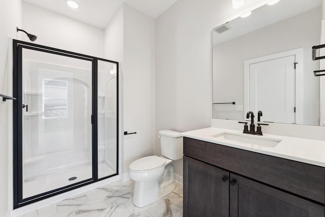10071 Arrowwood Trl, Woodbury, MN 55129 - full bathroom featuring a stall shower, vanity, marble look tiles, and recessed lighting