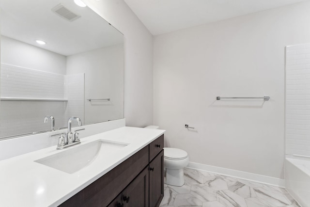 10071 Arrowwood Trl, Woodbury, MN 55129 - full bathroom featuring vanity, marble look tiles, tub / shower combination, and recessed lighting