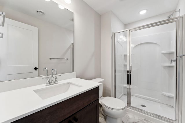10071 Arrowwood Trl, Woodbury, MN 55129 - bathroom with a stall shower, marble look tile flooring, vanity, and recessed lighting