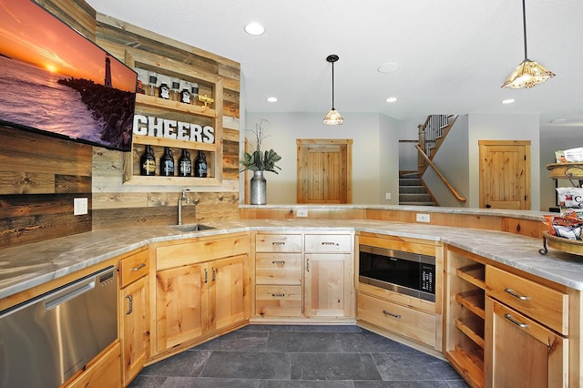 16999 Dakota St NW, Andover, MN 55304 - kitchen featuring open shelves, a sink, recessed lighting, appliances with stainless steel finishes, and a peninsula