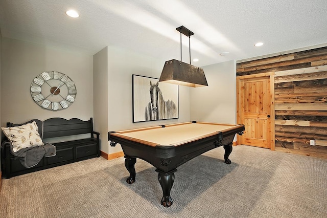 16999 Dakota St NW, Andover, MN 55304 - recreation room featuring billiards, recessed lighting, wood walls, a textured ceiling, and light colored carpet