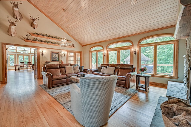 10069 Stacy Trl, Chisago City, MN 55013 - living area featuring wooden ceiling, high vaulted ceiling, light wood-style floors, a chandelier, and ornamental molding