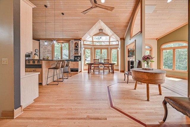 10069 Stacy Trl, Chisago City, MN 55013 - interior space with wood ceiling, vaulted ceiling, ceiling fan, and light wood finished floors