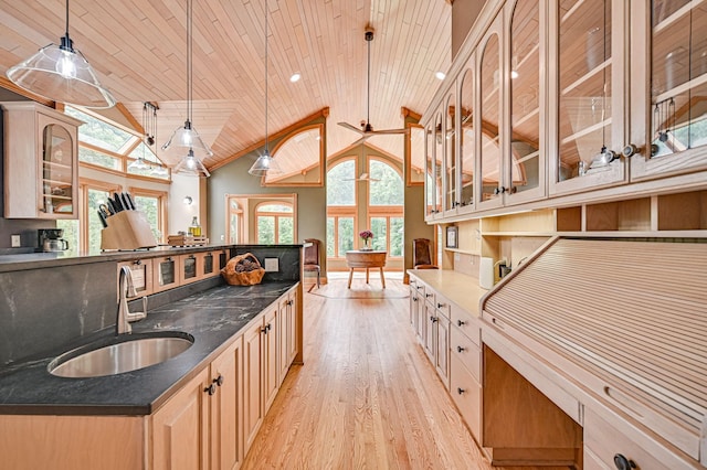 10069 Stacy Trl, Chisago City, MN 55013 - kitchen featuring a sink, light wood-style floors, wooden ceiling, dark countertops, and glass insert cabinets