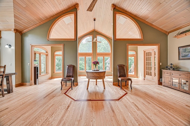 10069 Stacy Trl, Chisago City, MN 55013 - sitting room featuring wood ceiling, wood finished floors, high vaulted ceiling, baseboards, and ornamental molding