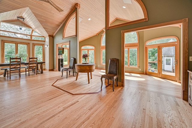 10069 Stacy Trl, Chisago City, MN 55013 - living area with wooden ceiling, wood finished floors, baseboards, high vaulted ceiling, and recessed lighting