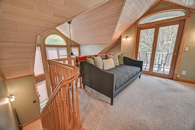 10069 Stacy Trl, Chisago City, MN 55013 - living room with lofted ceiling, healthy amount of natural light, baseboards, carpet floors, and wooden ceiling