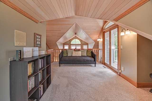 10069 Stacy Trl, Chisago City, MN 55013 - sitting room with healthy amount of natural light, lofted ceiling, carpet floors, wooden ceiling, and wooden walls