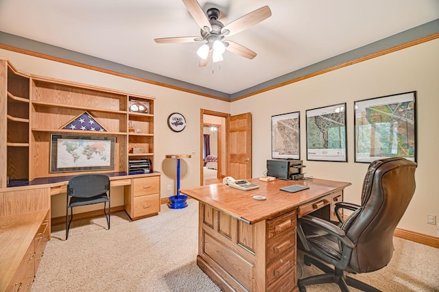 10069 Stacy Trl, Chisago City, MN 55013 - office area featuring ceiling fan, light carpet, and baseboards