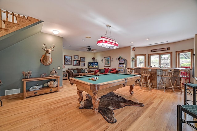 10069 Stacy Trl, Chisago City, MN 55013 - playroom featuring a dry bar, billiards table, wood finished floors, recessed lighting, and ceiling fan