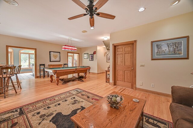 10069 Stacy Trl, Chisago City, MN 55013 - playroom with billiards table, light wood finished floors, ceiling fan, baseboards, and recessed lighting
