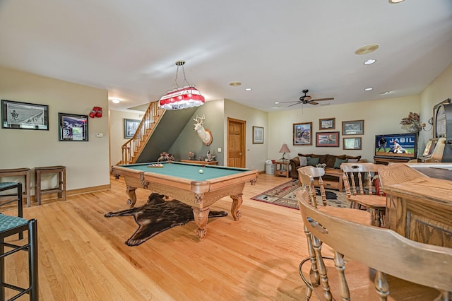 10069 Stacy Trl, Chisago City, MN 55013 - recreation room featuring billiards table, light wood finished floors, a ceiling fan, recessed lighting, and baseboards