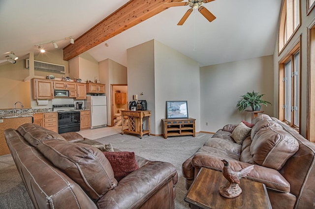 10069 Stacy Trl, Chisago City, MN 55013 - living area featuring a ceiling fan, light carpet, high vaulted ceiling, baseboards, and beamed ceiling