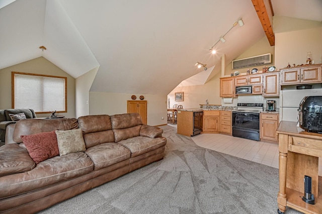 10069 Stacy Trl, Chisago City, MN 55013 - living area featuring lofted ceiling, track lighting, and light carpet