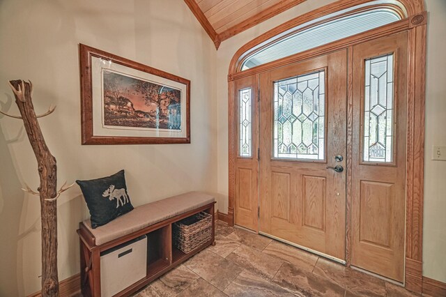 10069 Stacy Trl, Chisago City, MN 55013 - entryway with wood ceiling, baseboards, and vaulted ceiling