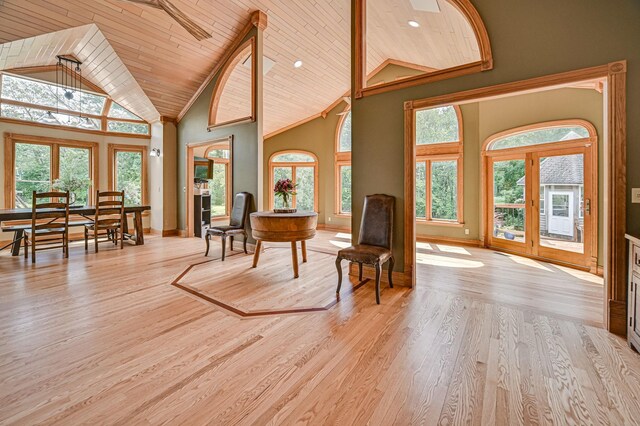 10069 Stacy Trl, Chisago City, MN 55013 - sitting room with wooden ceiling, wood finished floors, baseboards, high vaulted ceiling, and recessed lighting