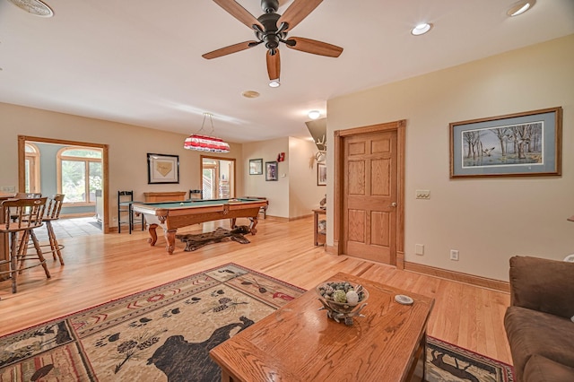 10069 Stacy Trl, Chisago City, MN 55013 - playroom with billiards, light wood-style flooring, ceiling fan, baseboards, and recessed lighting