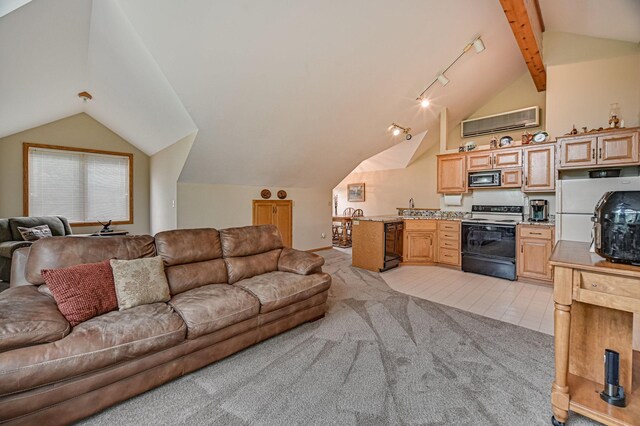 10069 Stacy Trl, Chisago City, MN 55013 - living area with lofted ceiling, light carpet, and track lighting