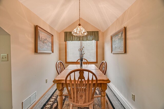 10069 Stacy Trl, Chisago City, MN 55013 - dining room featuring baseboards, a chandelier, and lofted ceiling