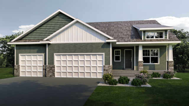 1589 Spruce St, Farmington, MN 55024 - craftsman-style house featuring a front lawn, a garage, stone siding, aphalt driveway, and board and batten siding