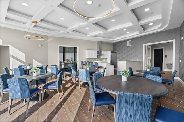 1 Hill Farm Rd Unit 210, North Oaks, MN 55127 - dining space with recessed lighting, coffered ceiling, visible vents, baseboards, and wallpapered walls
