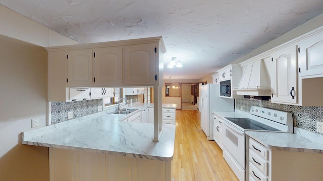 2342 75th Ave, Princeton, MN 55371 - kitchen with white appliances, a sink, custom exhaust hood, tasteful backsplash, and a peninsula