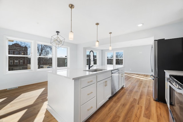 1903 Thomas Ave N, Minneapolis, MN 55411 - kitchen with stainless steel appliances, light countertops, visible vents, a sink, and white cabinetry