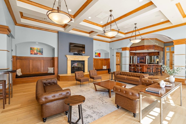4525 Park Commons Dr Unit 221, Saint Louis Park, MN 55416 - living area featuring wood finished floors, ornamental molding, beamed ceiling, arched walkways, and coffered ceiling