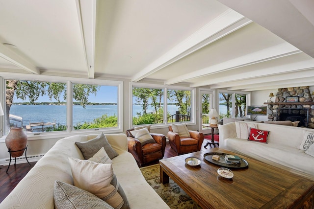 5150 Meadville St, Greenwood, MN 55331 - sunroom / solarium with beam ceiling, plenty of natural light, a water view, and a baseboard heating unit