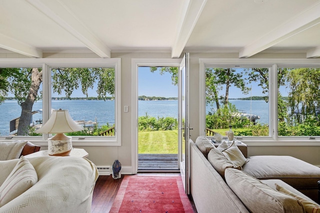 5150 Meadville St, Greenwood, MN 55331 - sunroom / solarium featuring beamed ceiling and a water view