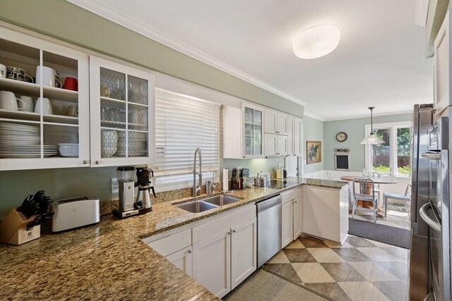 5150 Meadville St, Greenwood, MN 55331 - kitchen with stainless steel appliances, ornamental molding, white cabinets, light stone counters, and glass insert cabinets