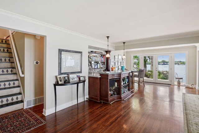 5150 Meadville St, Greenwood, MN 55331 - indoor dry bar featuring dark wood-style floors, stairs, french doors, ornamental molding, and decorative light fixtures