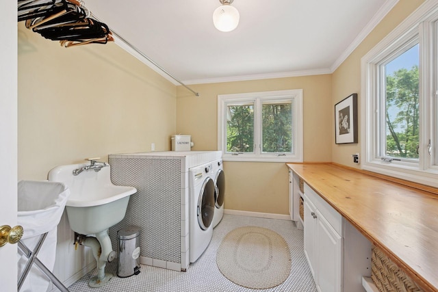 5150 Meadville St, Greenwood, MN 55331 - washroom with cabinet space, washer and clothes dryer, and crown molding