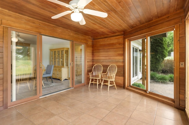 12697 177th St N, May Twp, MN 55047 - sunroom / solarium with wood walls, wooden ceiling, ceiling fan, and tile patterned flooring