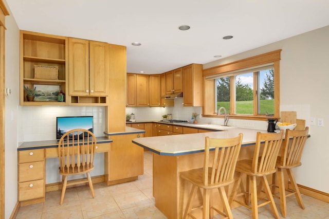 12697 177th St N, May Twp, MN 55047 - kitchen featuring open shelves, a peninsula, tasteful backsplash, a sink, and under cabinet range hood