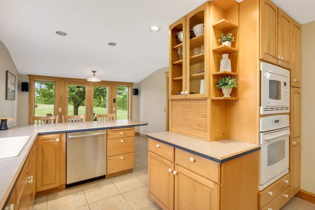 12697 177th St N, May Twp, MN 55047 - kitchen featuring white appliances, vaulted ceiling, light countertops, open shelves, and recessed lighting