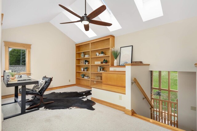 12697 177th St N, May Twp, MN 55047 - exercise area with a skylight, lofted ceiling, a ceiling fan, baseboards, and carpet