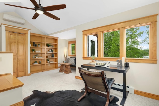 12697 177th St N, May Twp, MN 55047 - carpeted home office featuring a wall unit AC, ceiling fan, vaulted ceiling, and a baseboard heating unit