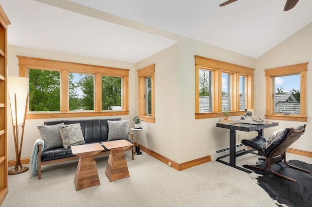 12697 177th St N, May Twp, MN 55047 - living room featuring baseboards, a ceiling fan, vaulted ceiling, and carpet floors