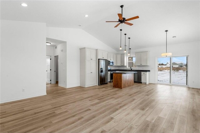 260 Spring St, Osceola, WI 54020 - kitchen featuring dark countertops, a kitchen island, appliances with stainless steel finishes, light wood-style floors, and open floor plan