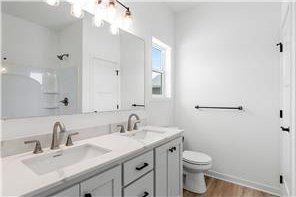 260 Spring St, Osceola, WI 54020 - bathroom with toilet, a sink, double vanity, and wood finished floors