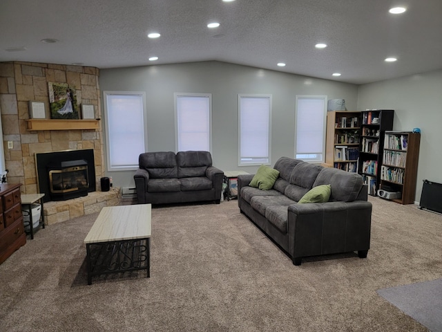 29829 400th Ave, Roseau, MN 56751 - living room featuring carpet, plenty of natural light, recessed lighting, vaulted ceiling, and a fireplace