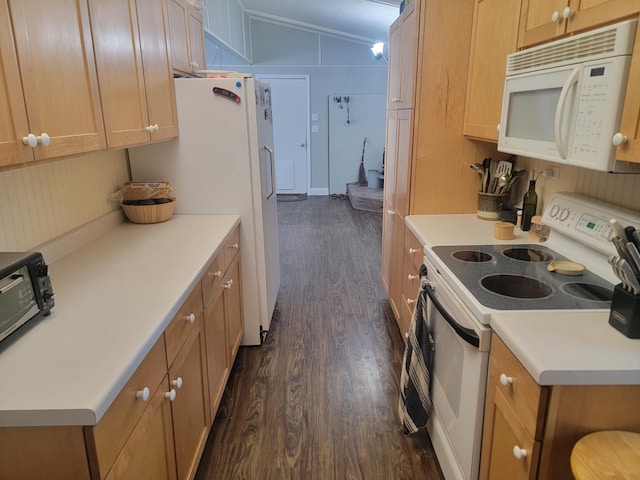 29829 400th Ave, Roseau, MN 56751 - kitchen featuring white appliances, dark wood-style floors, and light countertops