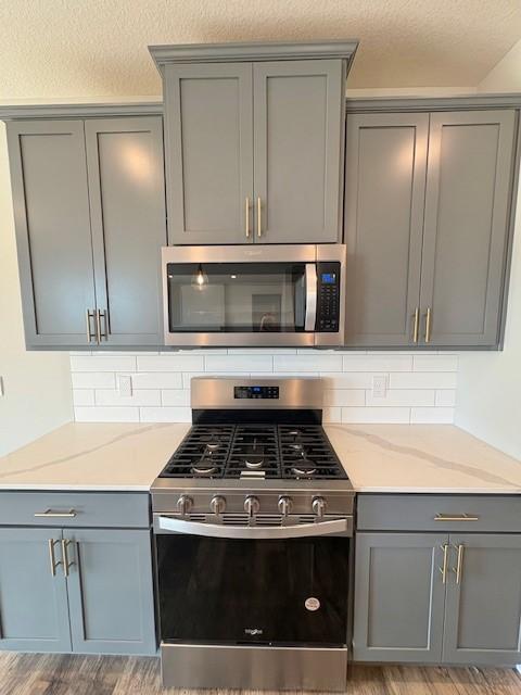 6187 Jensen Alcove S, Cottage Grove, MN 55016 - kitchen with stainless steel appliances, gray cabinets, light wood-style flooring, and a textured ceiling